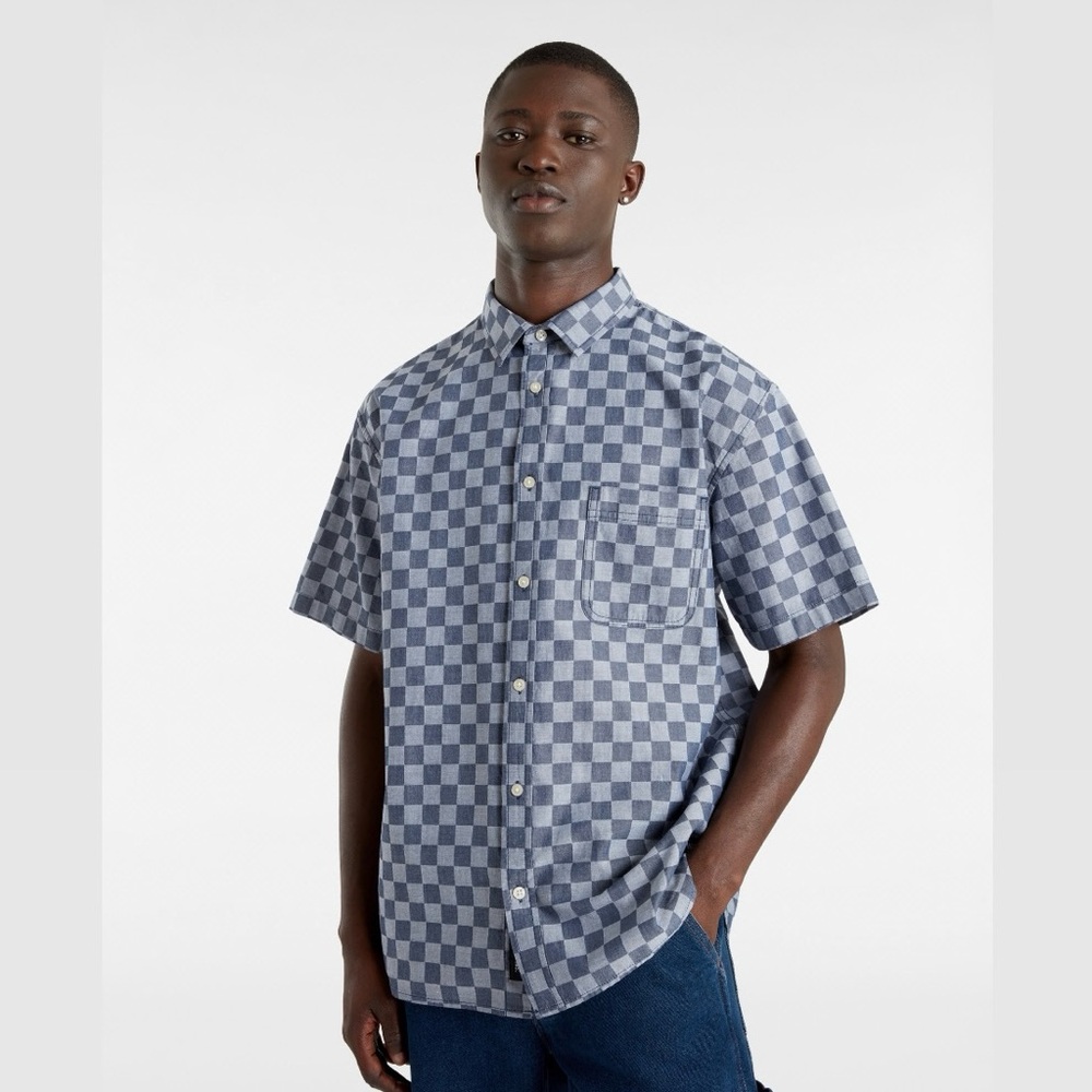 Men’s XL VANS Loose Fit Blue Checkered 100% Cotton Short Sleeve Button Up Shirt - Picture 13 of 15